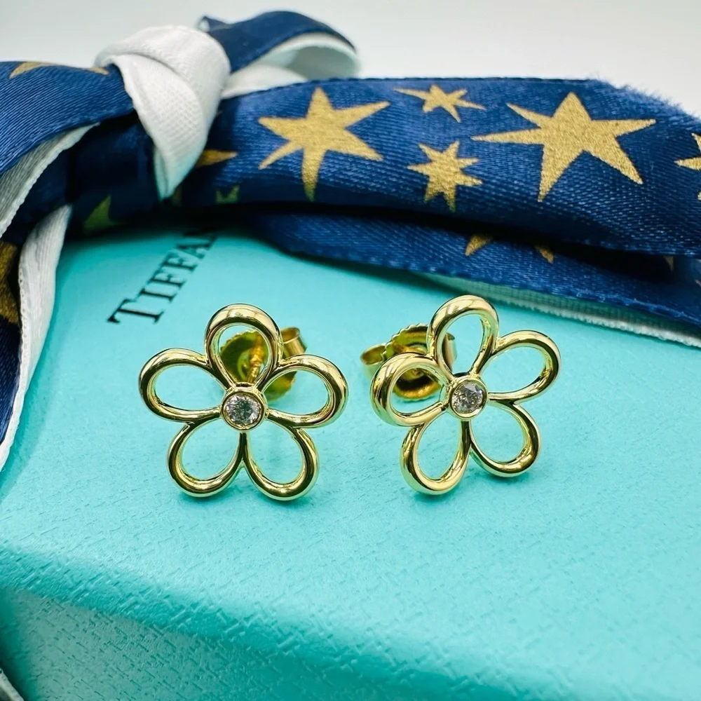 RARE Tiffany & Co. Diamond 18K Yellow Gold Garden Flower Earrings with Packaging